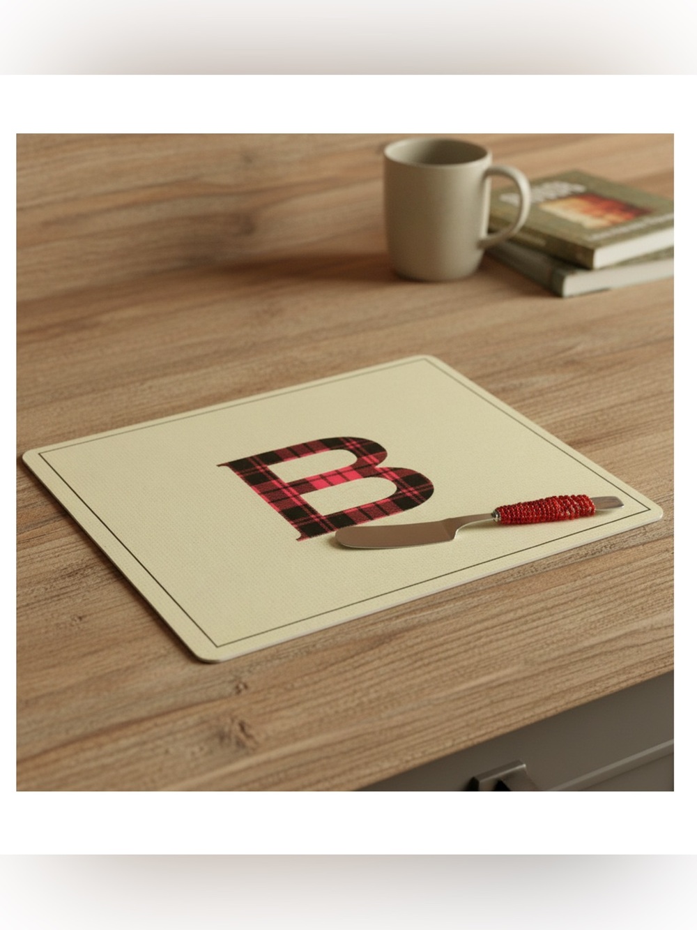 🆕 Hobby Lobby Glass Cheese Board & Beaded Metal Knife Red/Black Plaid Initial B